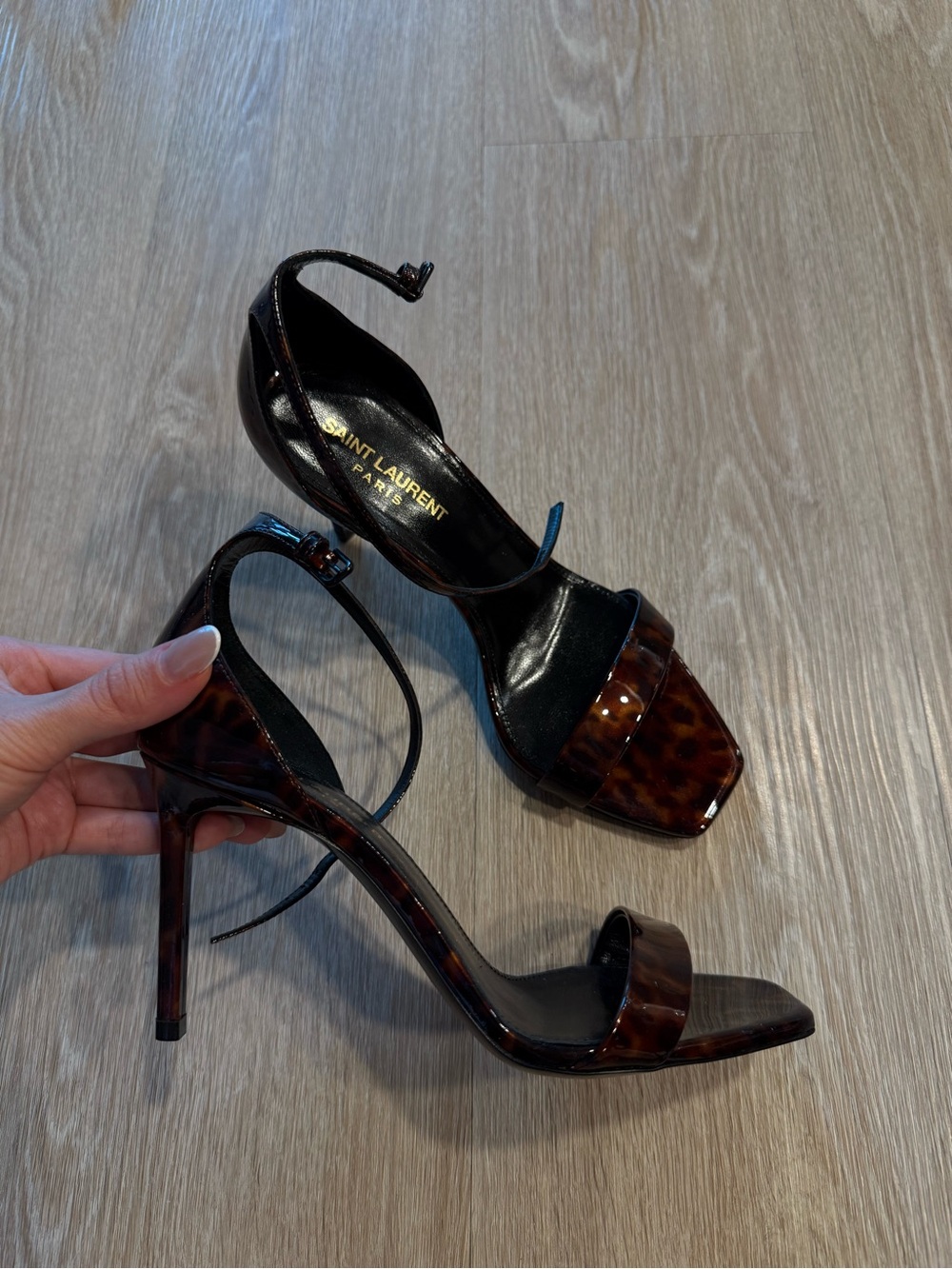 Saint Laurent Brown Tortoiseshell Patent Leather Ankle-Strap Heels Size US 7